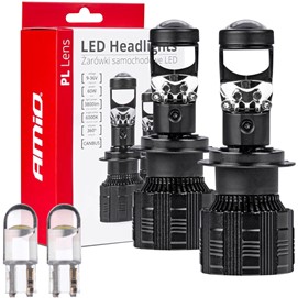 Żarówki LED H7 AMIO PL Lens 12/24V 60W (6000K, 3800lm, canbus, soczewka) + żarówki LED W5W
