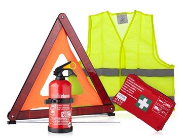 Zestaw pierwszej pomocy: Apteczka samochodowa DIN 13164 + gaśnica proszkowa + kamizelka odblaskowa + trójkąt ostrzegawczy