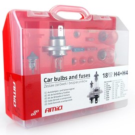 Zestaw żarówek i bezpieczników AMIO (2x H4 12V, 18 elementów)