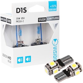 Żarniki D1S VISION Limitless White 85V 35W (5500K, +50% więcej światła) + żarówki LED W5W