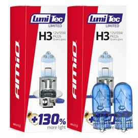 Żarówki H3 AMIO LumiTec Limited +130% 12V 55W (4300K) + żarówki W5W Super White