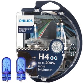 Żarówki H4 PHILIPS RacingVision GT200 12V 60/55W (o 200% jaśniejsze światło) + żarówki W5W Super White