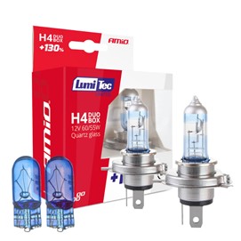 Żarówki H4 AMIO LumiTec Limited +130% 12V 60/55W (4300K) + żarówki W5W Super White