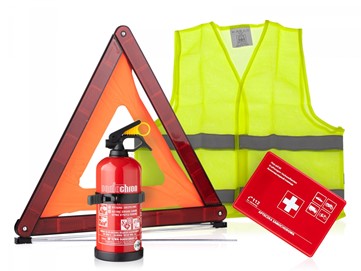 Zestaw pierwszej pomocy: Apteczka samochodowa + gaśnica proszkowa + kamizelka odblaskowa + trójkąt ostrzegawczy