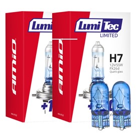 Żarówki H7 AMIO LumiTec Limited +130% 12V 55W (4300K) + żarówki W5W Super White