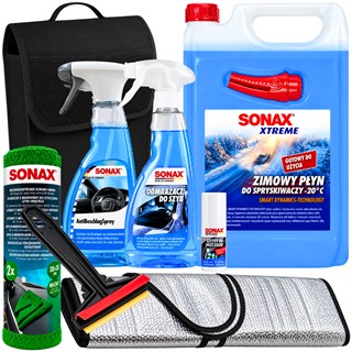 Zimowy zestaw kosmetyków samochodowych Sonax do ochrony i pielęgnacji auta (szyby, uszczelki, odmrażanie, odszranianie), 7 produktów + kuferek