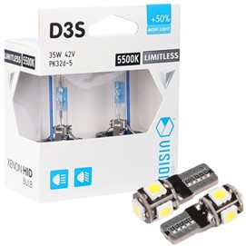 Żarniki D3S VISION Limitless White 42V 35W (5500K, +50% więcej światła) + żarówki LED W5W
