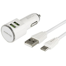 Ładowarka samochodowa MYWAY 12/24V, 2x USB 3.4A + kabel z wtyczką USB-C