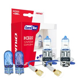 Żarówki H3 AMIO LumiTec Limited +130% 12V 55W (4300K) + żarówki W5W Super White