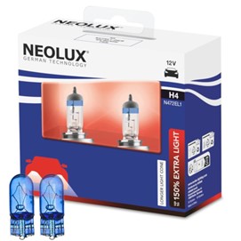 Żarówki H4 NEOLUX 150% Extra Light 12V 60/55W (150% więcej światła, homologacja ECE) + żarówki W5W Super White