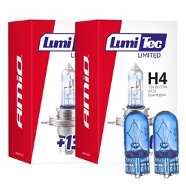 Żarówki H4 AMIO LumiTec Limited +130% 12V 60/55W (4300K) + żarówki W5W Super White